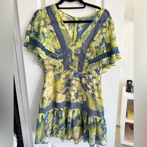 BCBG yellow and blue lace inset mini dress